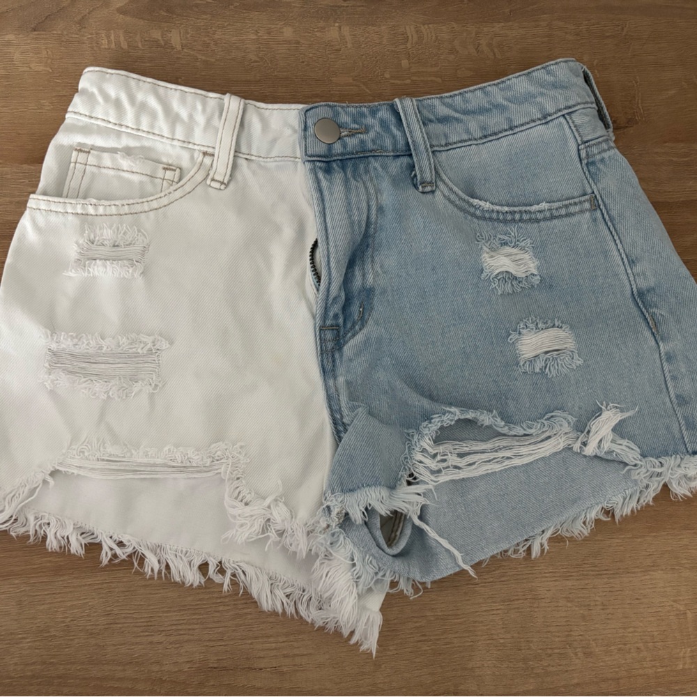 Altar'd State Two-Tone White and Light Blue Distressed Jean Shorts